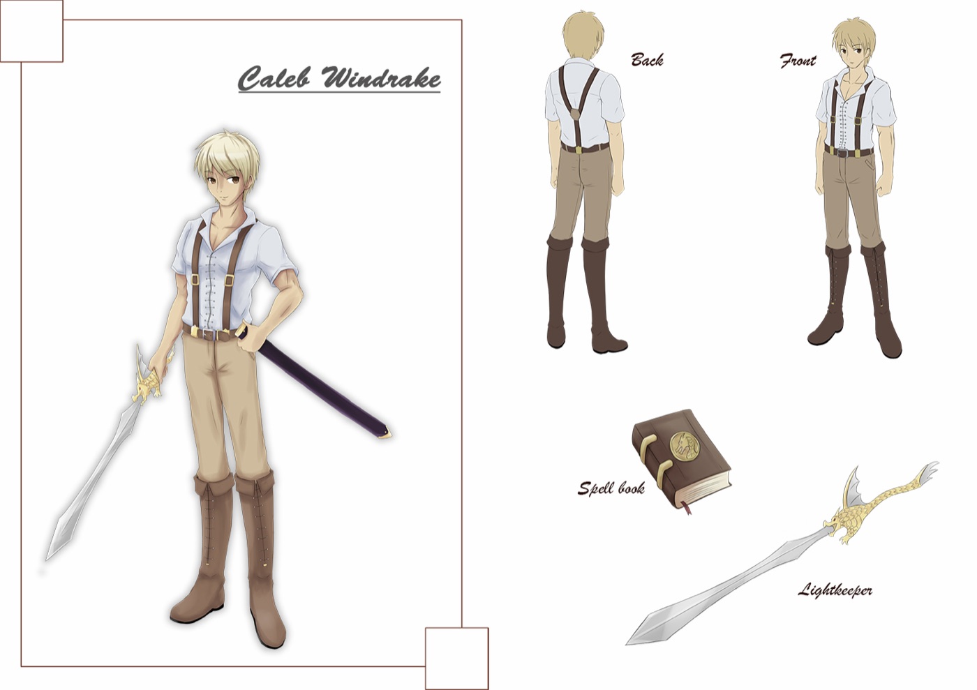 Character sheet for Caleb Windrake, bearer of the Lightkeeper blade